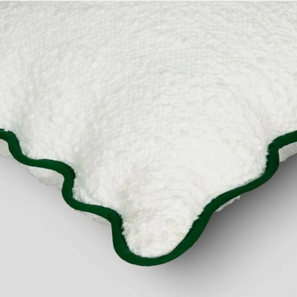 Oversize Faux Boucle with Scalloped Trim Square Throw Pillow Ivory/Green